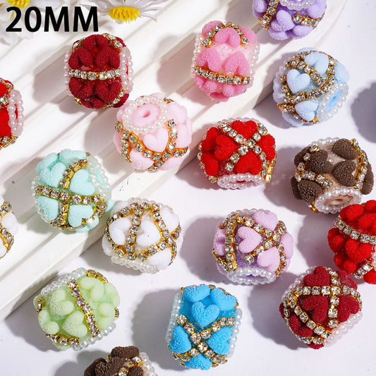 Frosted Hearts, Gold Alloy AB Rhinestone Chains & White Pearl Trim Handmade Acrylic Beads, 20MM, Multicolor, Random Mix