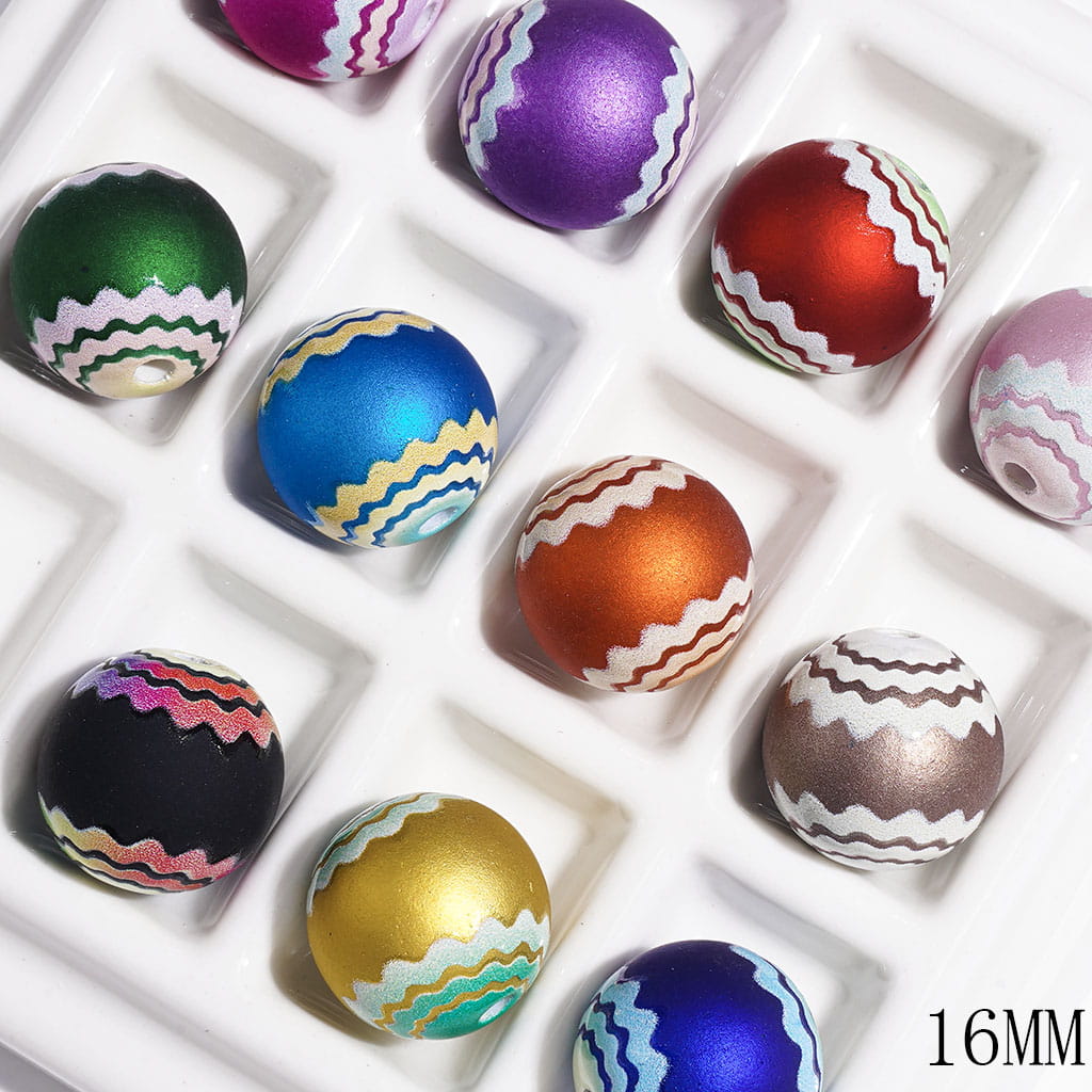 Elegant Matte Frosted & Traditional Wavy Stripe Designs Printed Round Acrylic Beads for Bracelets, 16MM, Multicolor, Random Mix