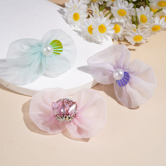 Organza Fabric Bow with Pearl, Mermaid Tail & Drop Rhinestones, White Pearl & AB Rhinestone Chains, Heart Acrylic Bead, Random Mix