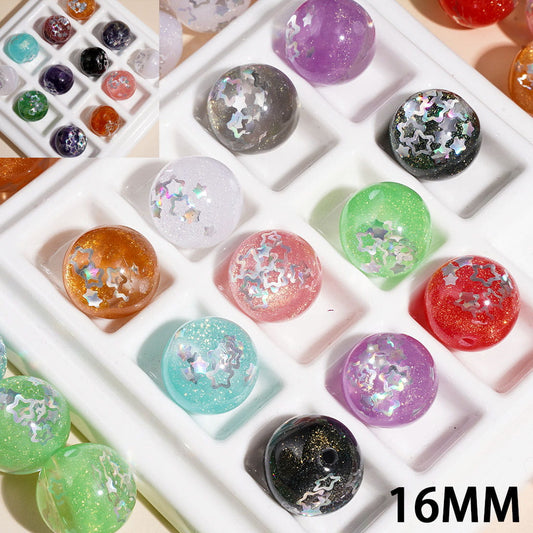 Color Changing Glitter Holographic Silver Star Sequins Embedded Round Acrylic Beads for Bracelets, 16MM, Multi-Color Random Mix