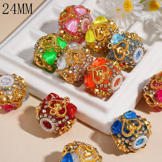 Heart Rhinestones and Gold Metal Heart, White Pearl & AB Rhinestone Trim Handmade Acrylic Sugar Beads, 24MM, Multicolor, Random Mix