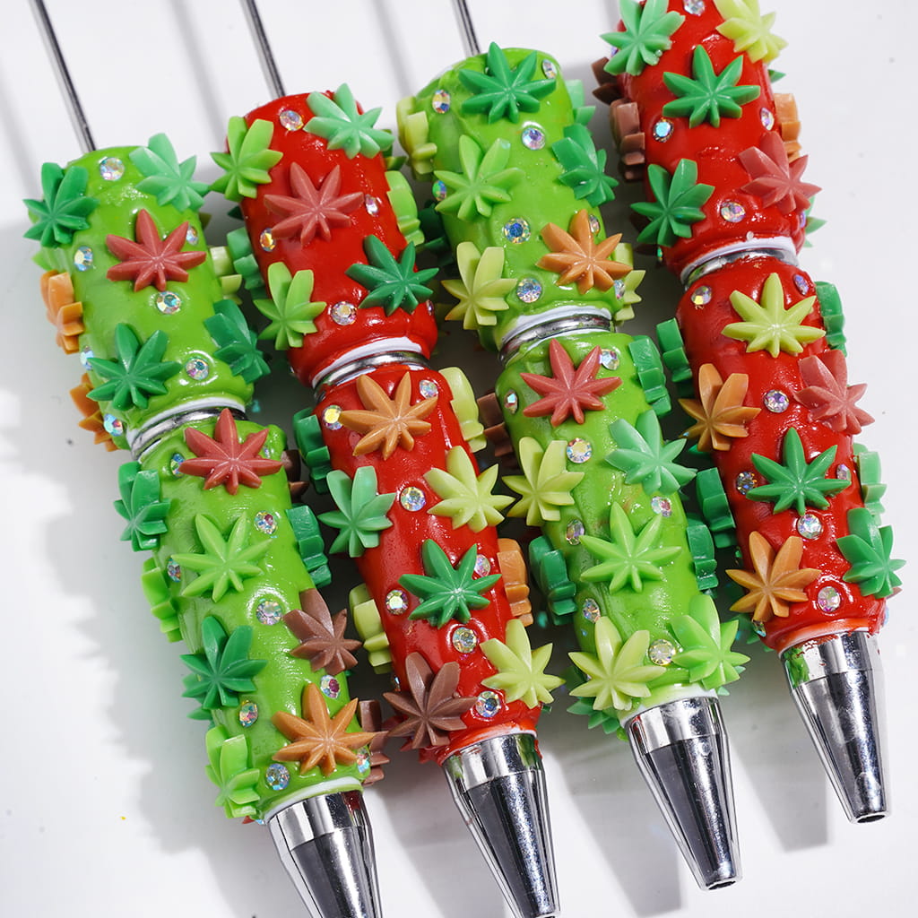 Decorative Beadable Clay Pen with Maple Leaf Design, Red & Green Background