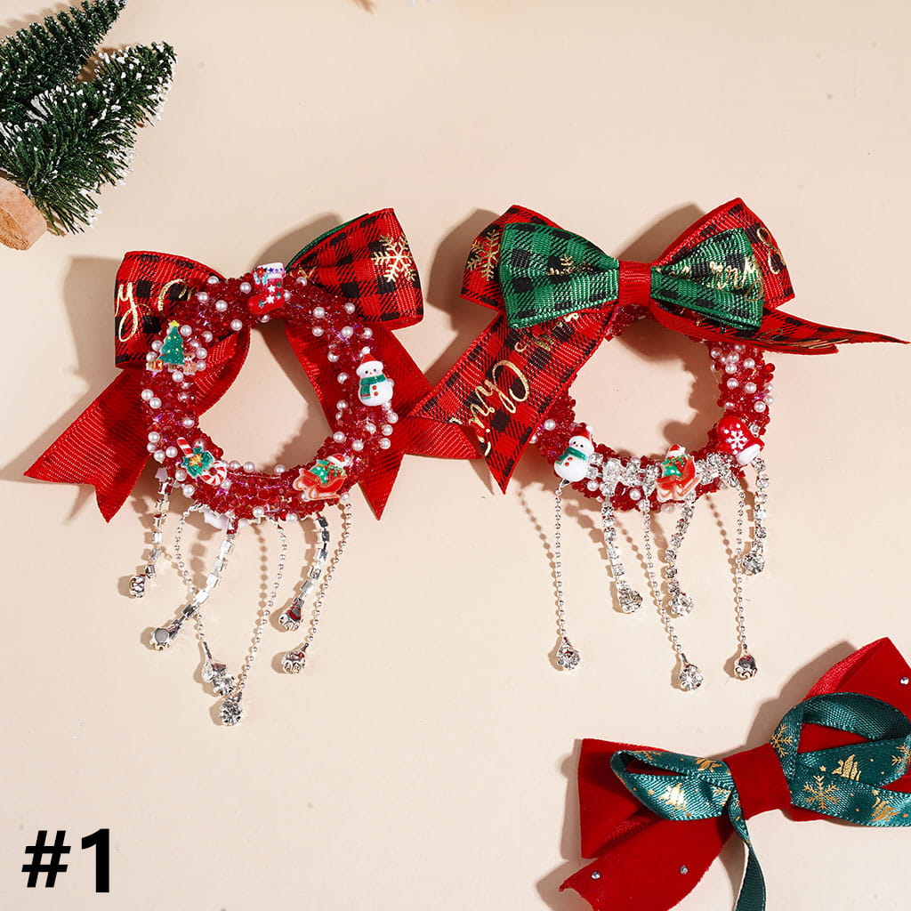 Handmade Christmas Wreath Acrylic Beads, Fabric Bow Christmas Trims Clear Rhinestone Chain Tassels, Cone Shaped Rhinestones & White Pearls, Red Green