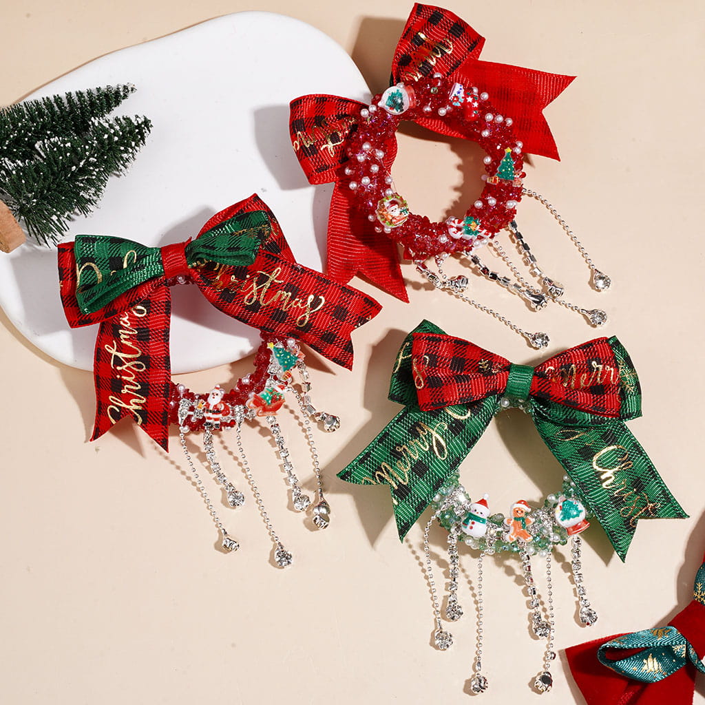 Handmade Christmas Wreath Acrylic Beads, Fabric Bow Christmas Trims Clear Rhinestone Chain Tassels, Cone Shaped Rhinestones & White Pearls, Red Green