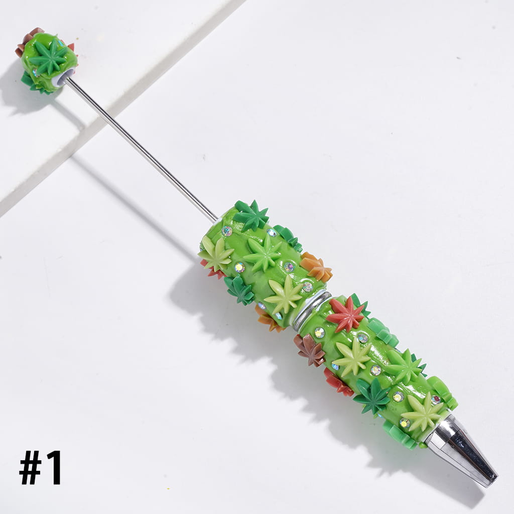 Decorative Beadable Clay Pen with Maple Leaf Design, Red & Green Background