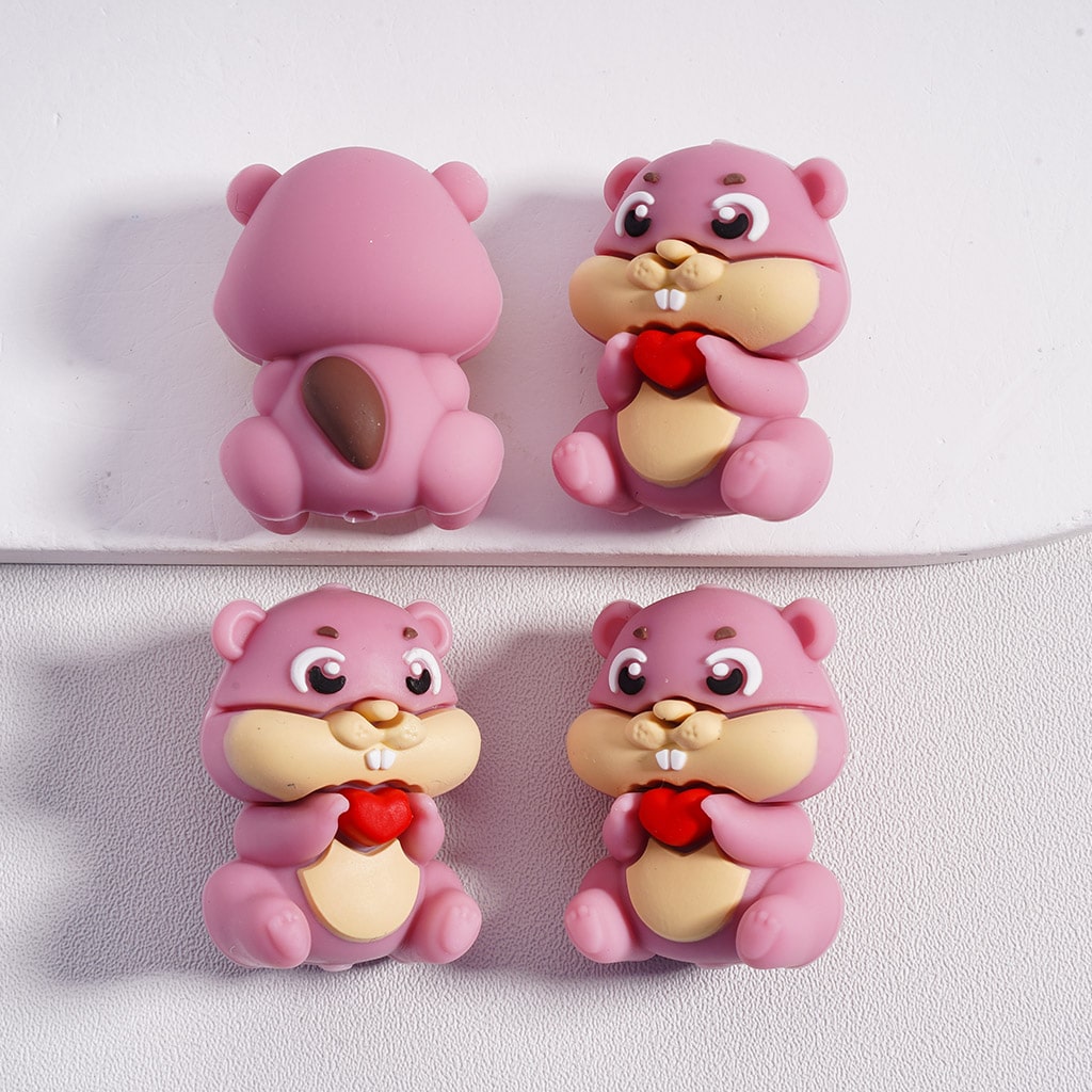3D Cute Squirrels Holds Red Hearts for DIY Projects Keychains Silicone Focal Beads