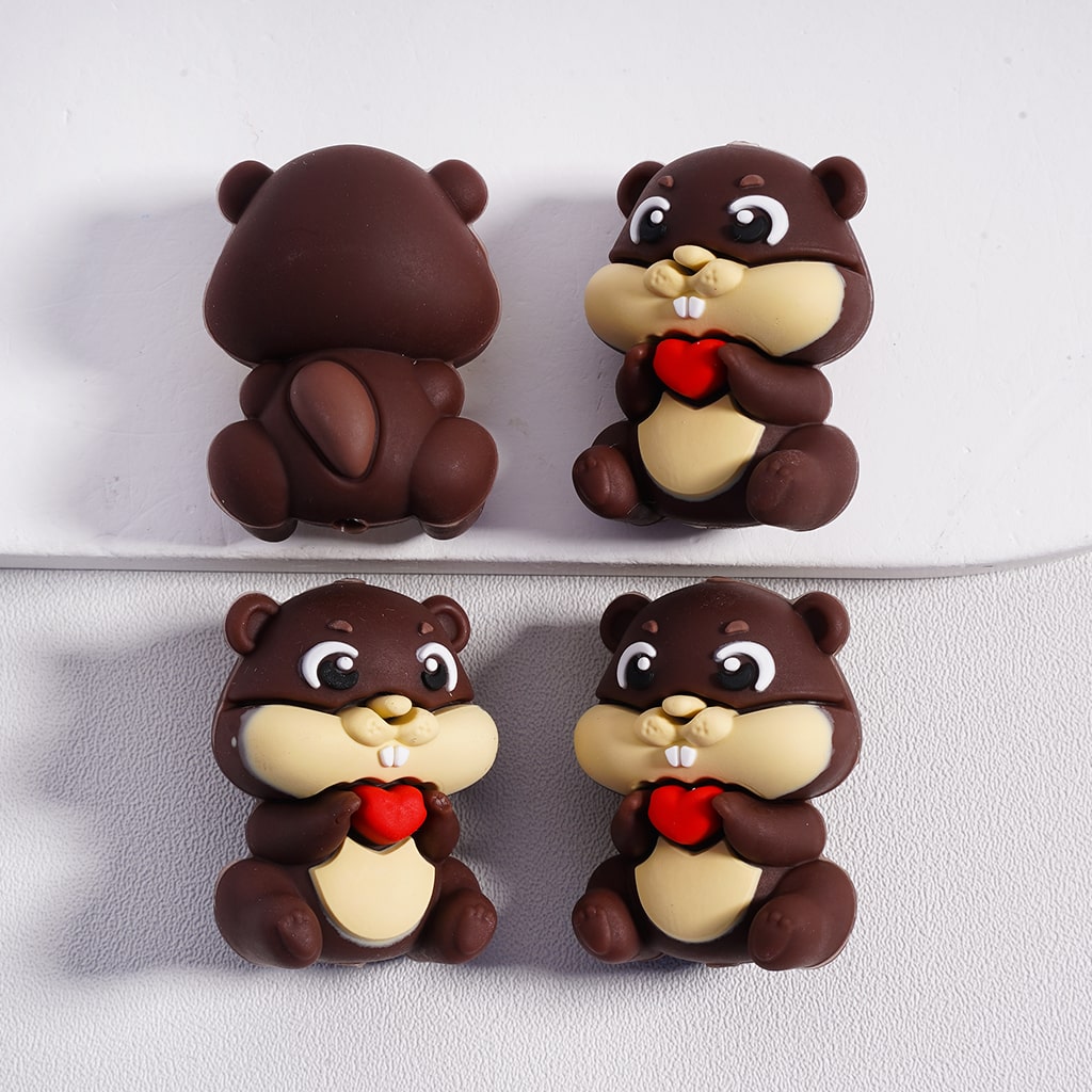 3D Cute Squirrels Holds Red Hearts for DIY Projects Keychains Silicone Focal Beads