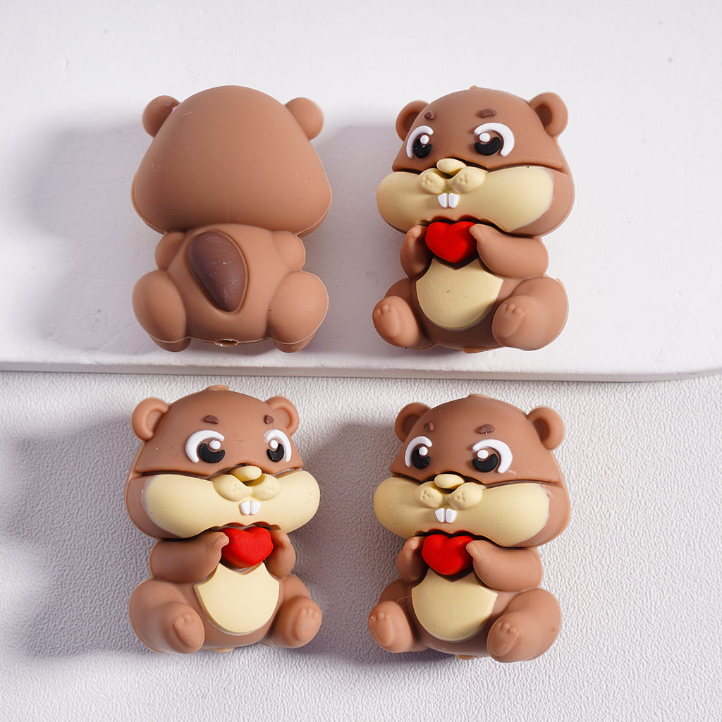 3D Cute Squirrels Holds Red Hearts for DIY Projects Keychains Silicone Focal Beads