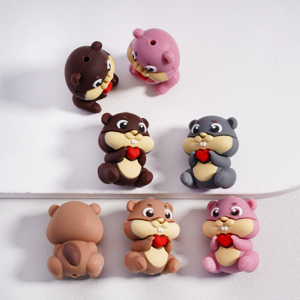 3D Cute Squirrels Holds Red Hearts for DIY Projects Keychains Silicone Focal Beads