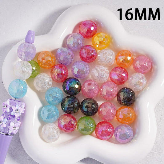 UV Coated Honeycomb Glitter Round Acrylic Beads with Flower Lace Prints 16MM, Random Mix