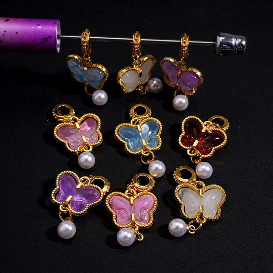Charm Pendant Butterfly Metal Bail Loop Beads and White Pearl Tassel, Gold, Random Mix