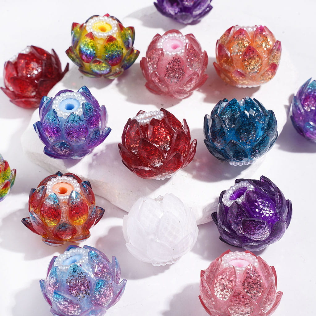 Elegant Lotus Flower with Shiny Glitter, Water Drop Rhinestones and White Pearl Ball Chains Acrylic Beads, 20MM, Multicolor Random Mix