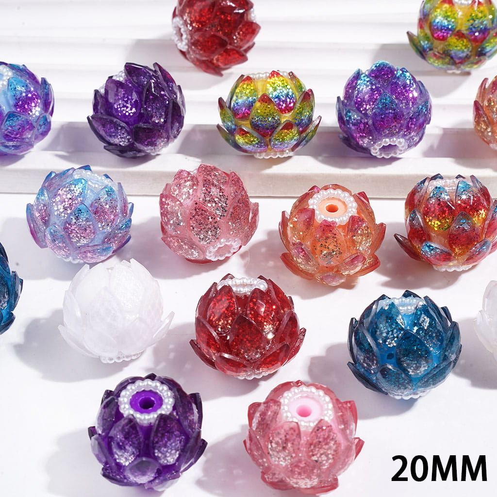 Elegant Lotus Flower with Shiny Glitter, Water Drop Rhinestones and White Pearl Ball Chains Acrylic Beads, 20MM, Multicolor Random Mix