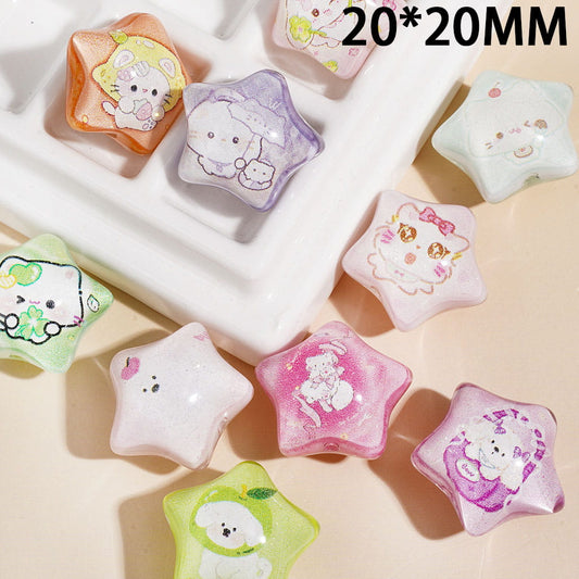 Five-Pointed Star Animal Cartoon Printed Series Acrylic Beads, 20*20MM, Assorted Designs, Random Mix
