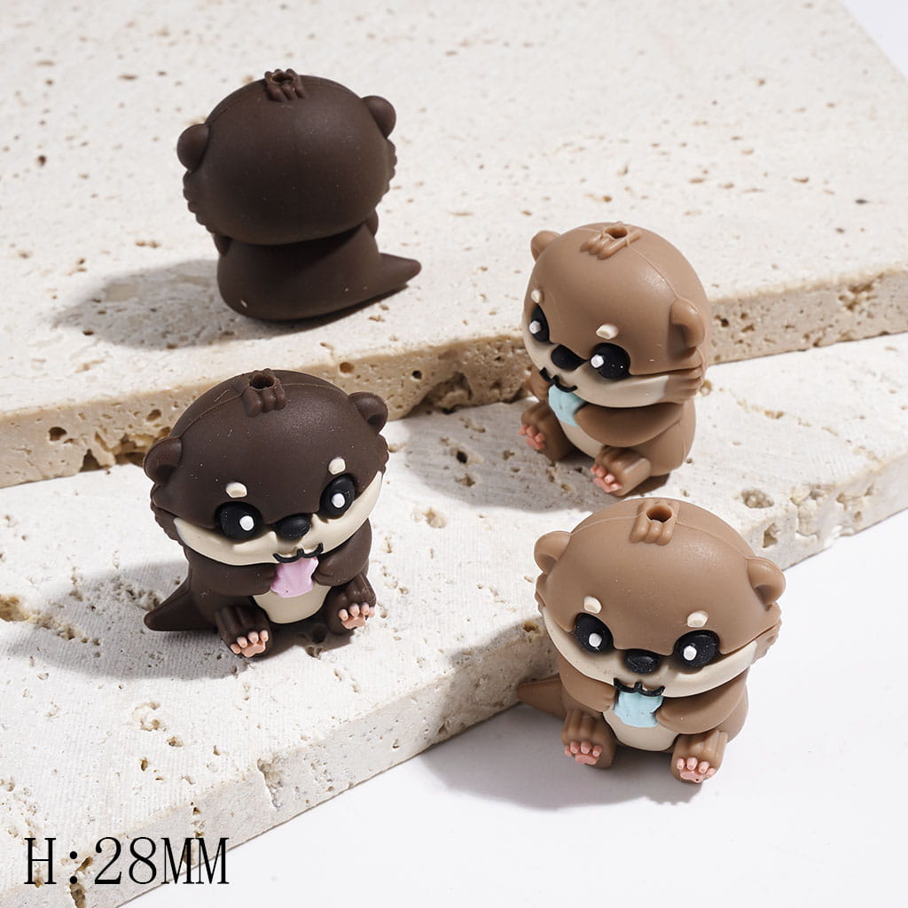 3D Otter Holding Pink & Blue Seashell Silicone Focal Beads, Dark Brown and Light Brown, 28mm