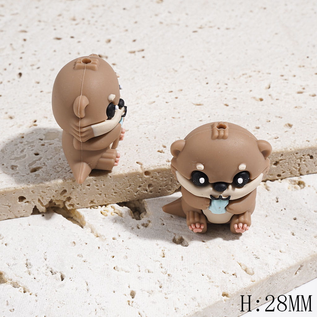 3D Otter Holding Pink & Blue Seashell Silicone Focal Beads, Dark Brown and Light Brown, 28mm
