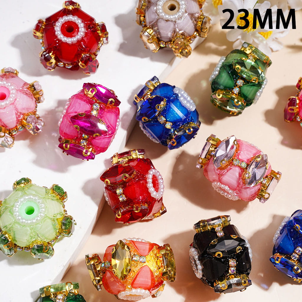 Handmade Acrylic Beads Glittery Hearts & Gold Metal Setting w Marquise Cut Rhinestones, AB Rhinestones White Pearl Loop, 23MM, Multicolor, Random Mix