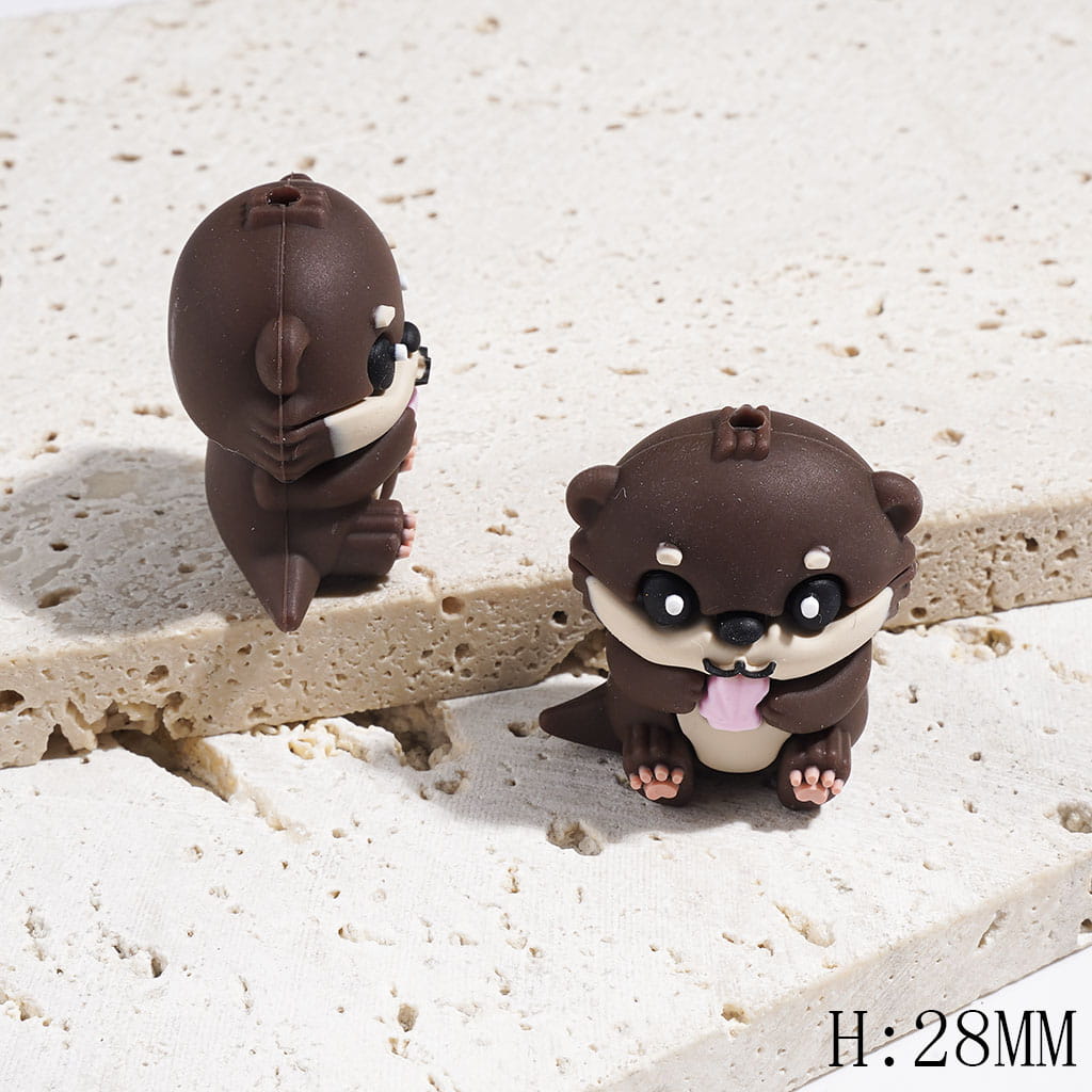 3D Otter Holding Pink & Blue Seashell Silicone Focal Beads, Dark Brown and Light Brown, 28mm