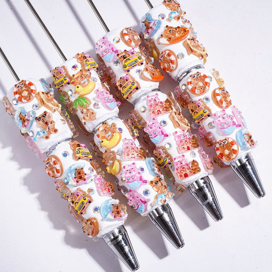 Cute Capybara in Summer Vacation Style Beadable Clay Pens with AB Rhinestones, Multi Colors Random Mix