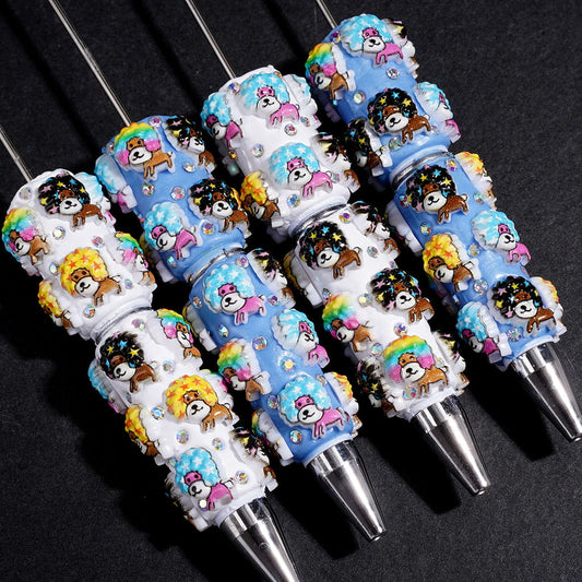 Blue & White Cute Dog Puppy with Explosion Curly Wigs and AB Rhinestones Beadable Clay Pens