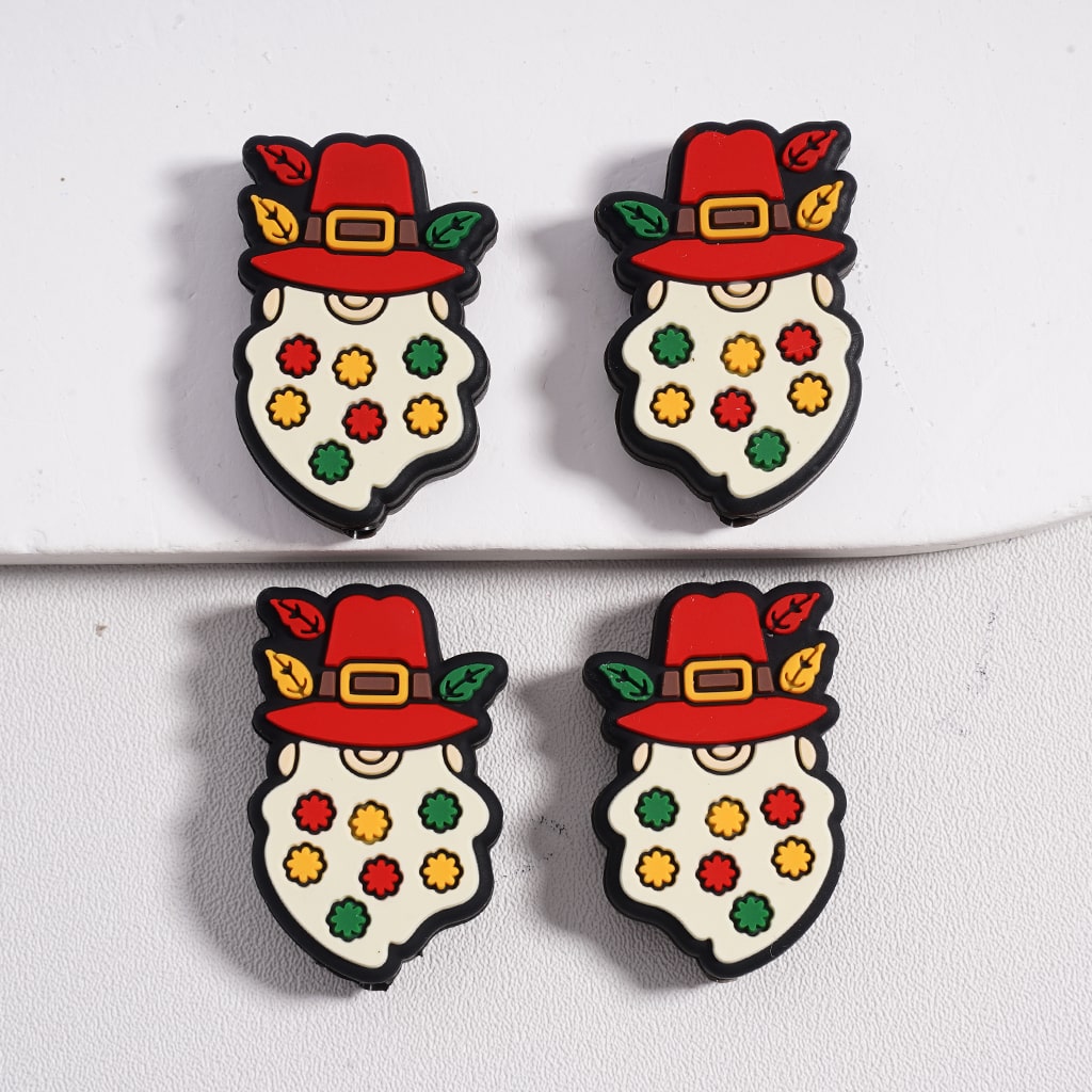 Funny Gnome with Red Hat Long Beard with Mini Flowers Silicone Focal Beads