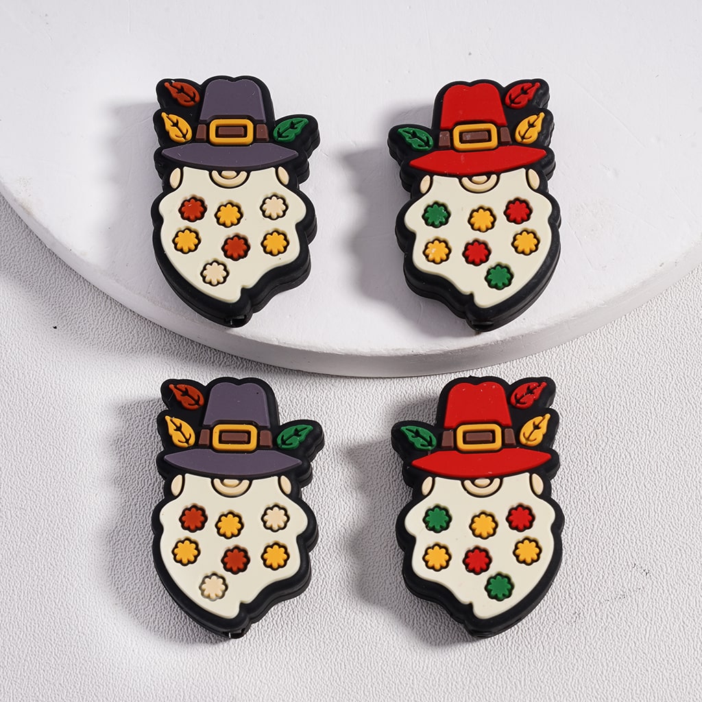 Funny Gnome with Red Hat Long Beard with Mini Flowers Silicone Focal Beads