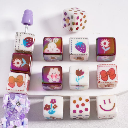UV Coated Bunny, Strawberry, Flower, Bowknot & Smile Face Cube Acrylic Beads 14MM, Random Mix