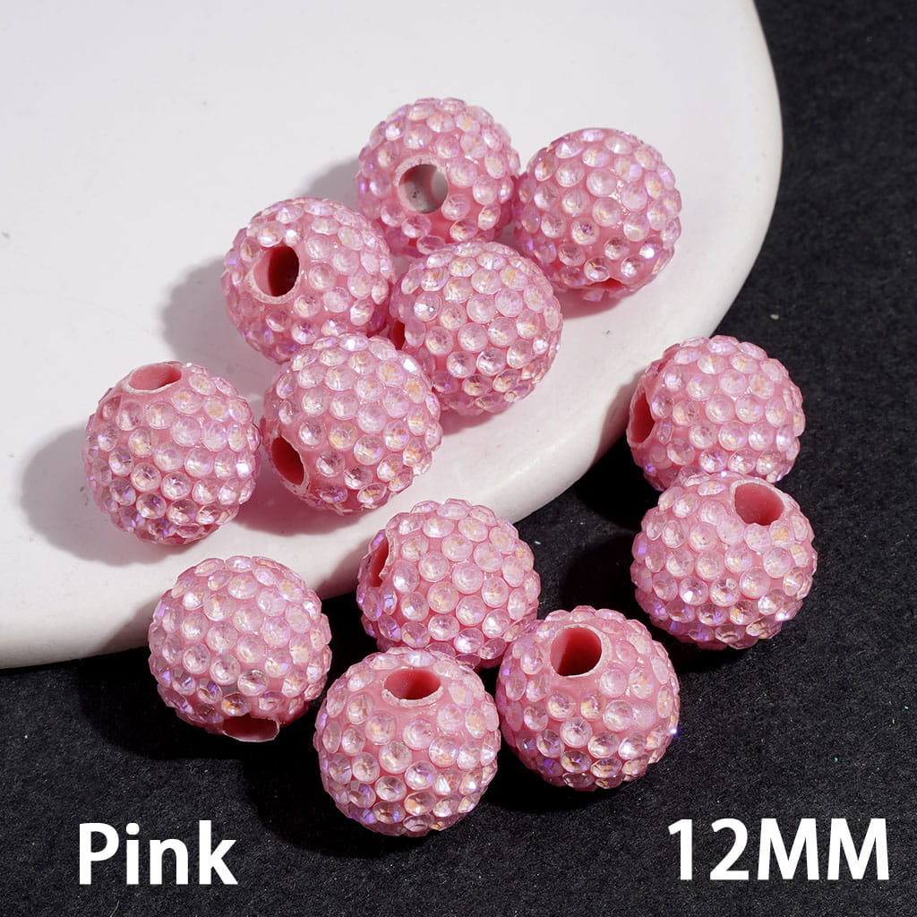Clay Beads with Dazzling Clear Rhinestones in UV Coated Process, for DIY Waist Beads, 12MM, Big Hole Beads, Multi-Color (The Hole Diameter is Around 4MM)