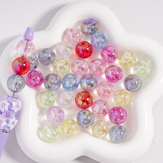 UV Coated Translucent Snowflakes Prints Shiny Round Acrylic Beads 16MM Random Mix