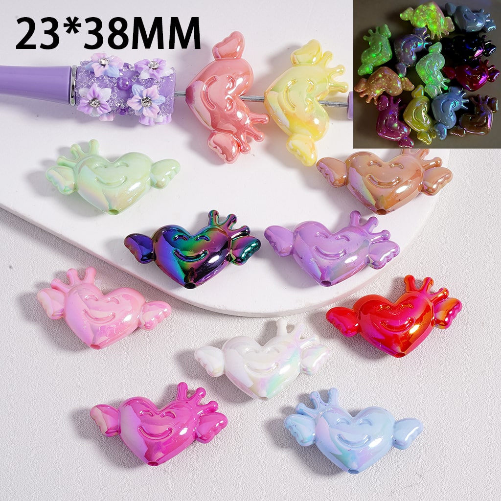 Luminous UV Solid-Color Heart Beads with Smile Face, Crown & Wings Acrylic Beads 23*38MM, Random Mix