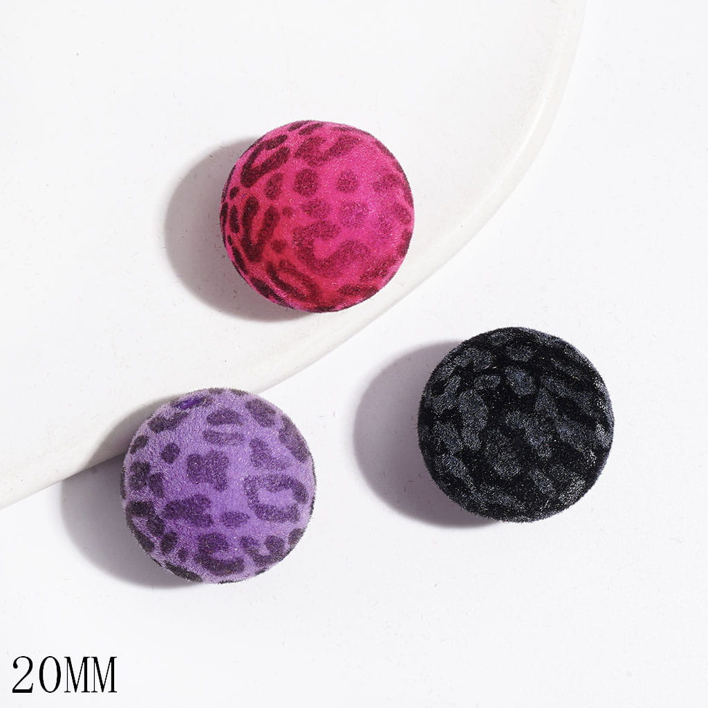 Flocked Fluffy Jaguar Print Acrylic Bracelet Beads, 20MM, Dark Color Series, Random Mix