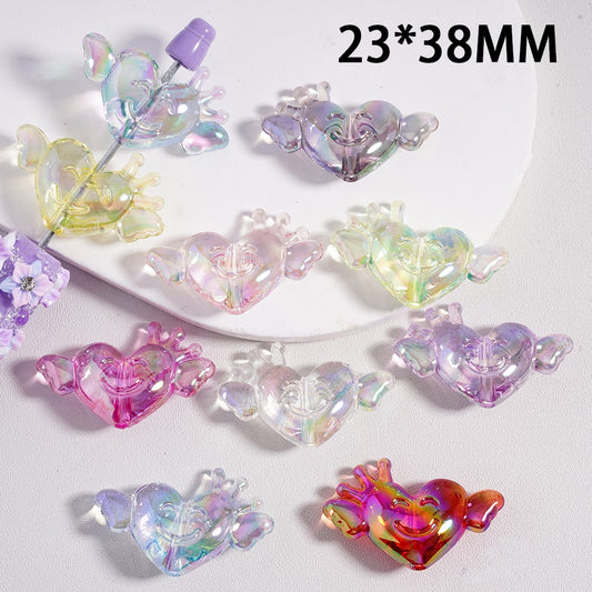 UV Coating Smile Face with Crown & Wings Translucent Color Heart Shape Acrylic Beads 23*38MM, Random Mix