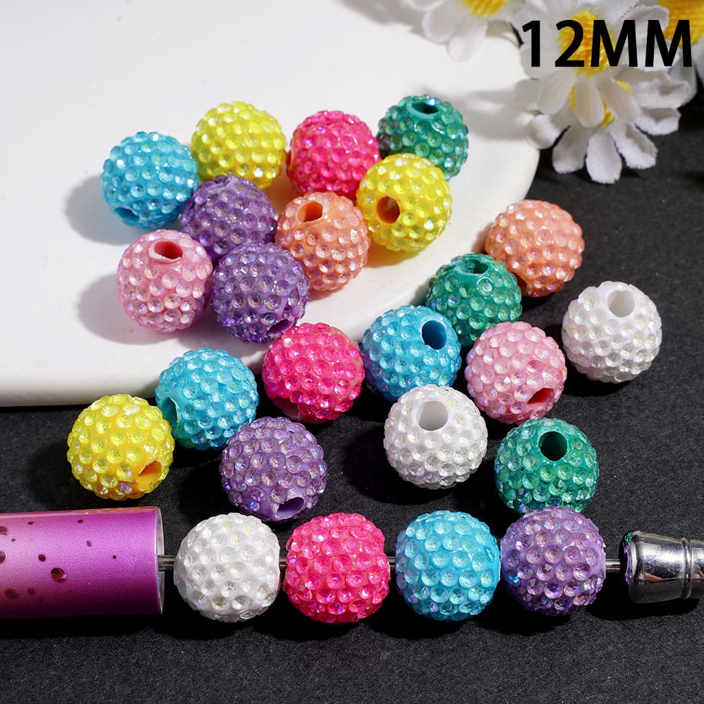 Clay Beads with Dazzling Clear Rhinestones in UV Coated Process, for DIY Waist Beads, 12MM, Big Hole Beads, Multi-Color (The Hole Diameter is Around 4MM)