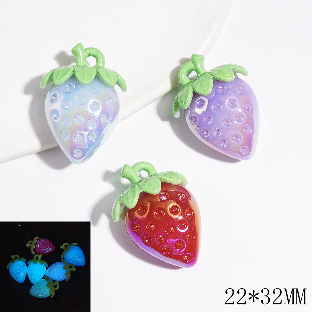 Colorful Strawberry Acrylic Charms with UV Finish and Luminous Design, 22×32MM, Random Mix