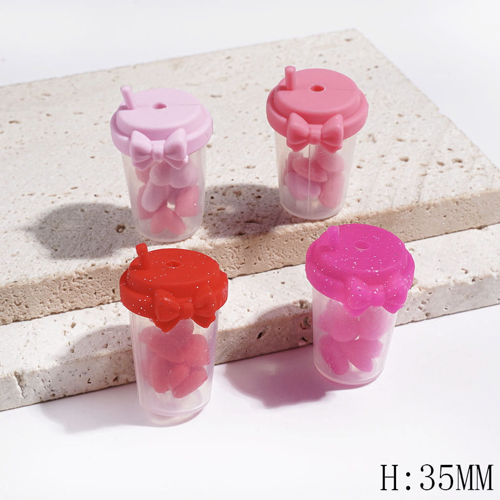 Milk Tea Cup Silicone Focal Shaker Beads with Mini Hearts, Bowtie and Silver Glitter, 35MM, Multi-Color