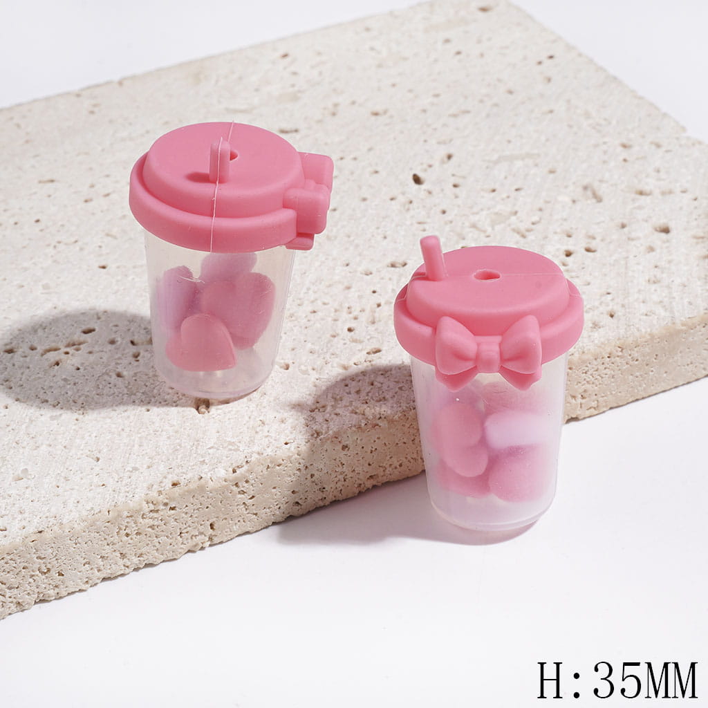 Milk Tea Cup Silicone Focal Shaker Beads with Mini Hearts, Bowtie and Silver Glitter, 35MM, Multi-Color