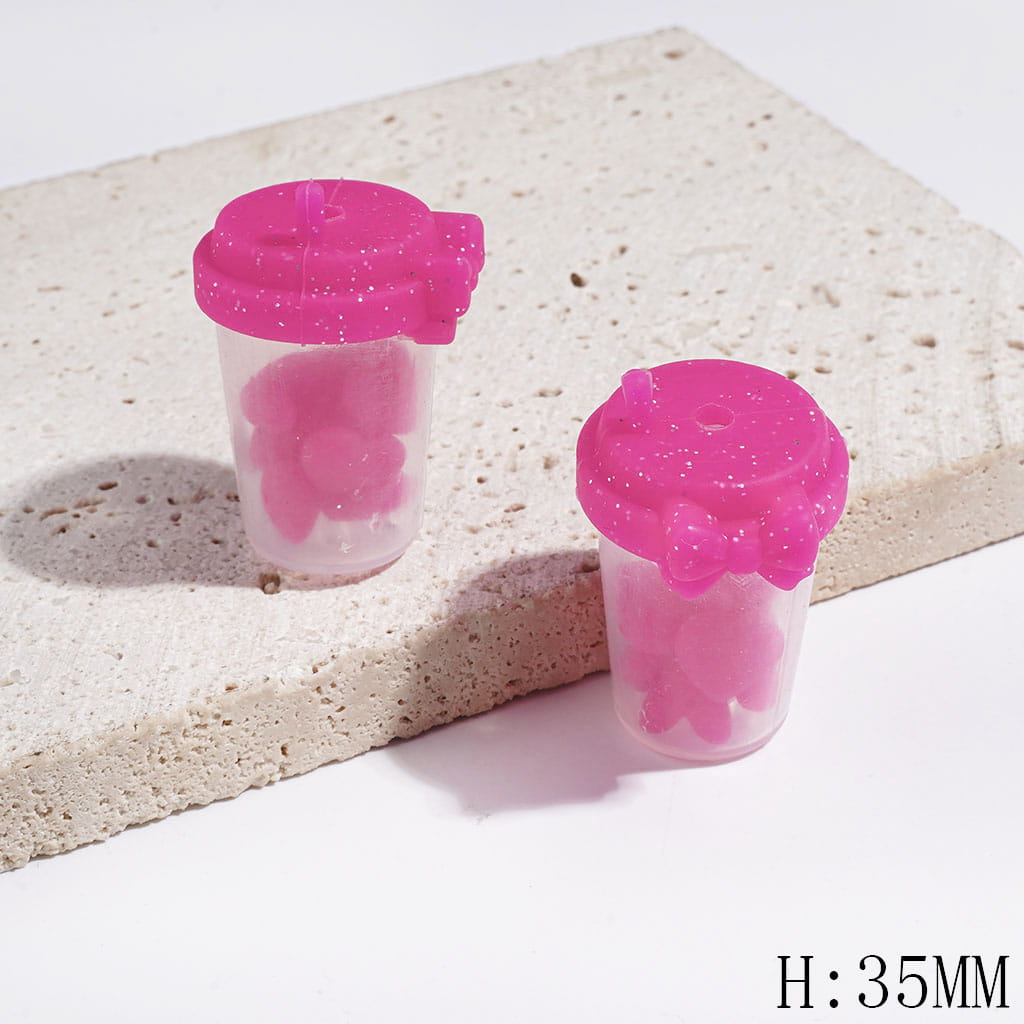 Milk Tea Cup Silicone Focal Shaker Beads with Mini Hearts, Bowtie and Silver Glitter, 35MM, Multi-Color