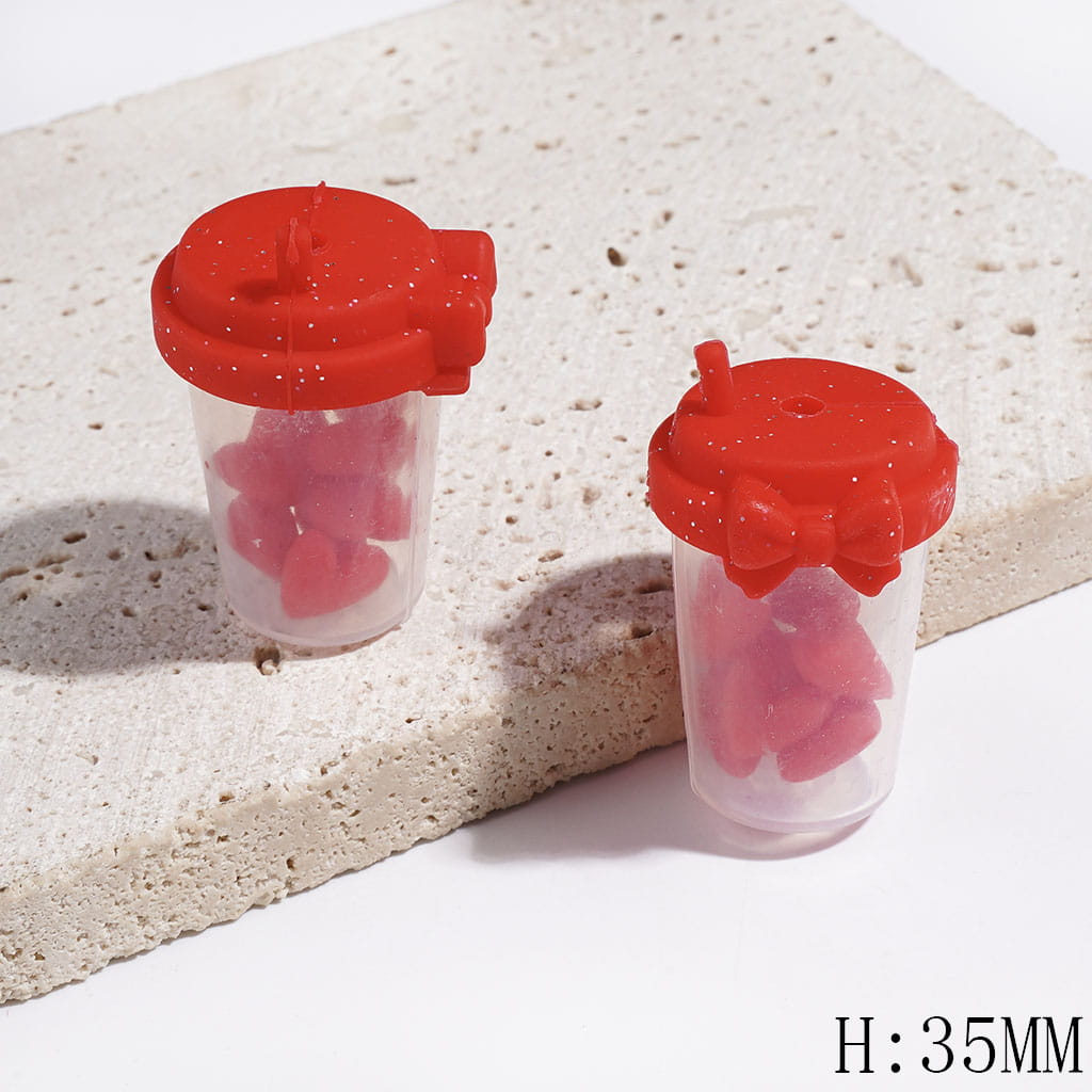 Milk Tea Cup Silicone Focal Shaker Beads with Mini Hearts, Bowtie and Silver Glitter, 35MM, Multi-Color
