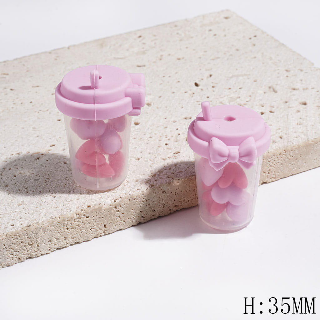 Milk Tea Cup Silicone Focal Shaker Beads with Mini Hearts, Bowtie and Silver Glitter, 35MM, Multi-Color