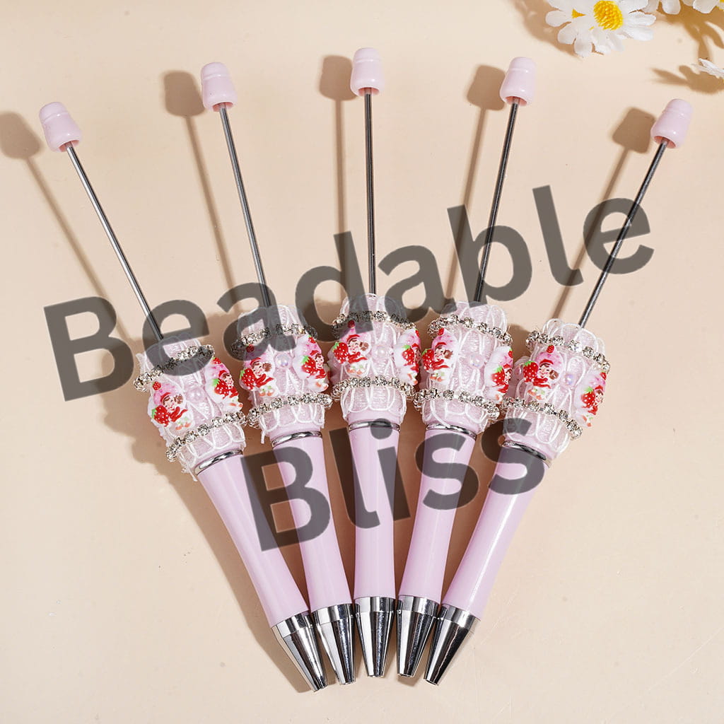 Handcrafted Beadable Pens with Sheer Fabric & Berry Girl, Clear Rhinestone Chains & UV Coated Half-Shell Pearls