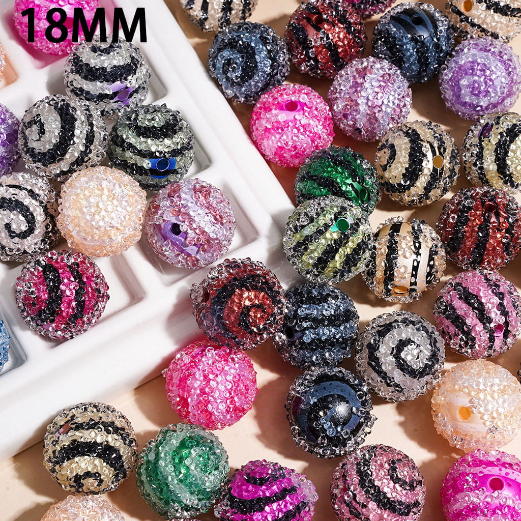 Handmade Lollipop Swirl Stripes Printed Sugar Beads with Cone Shaped Clear Rhinestones, 18MM, Various Colors, Random Mix