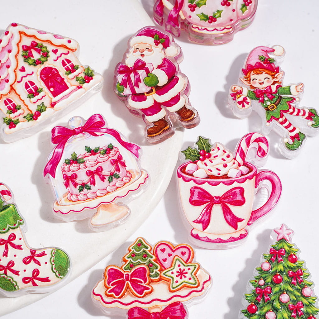 Pink Christmas Theme Semi-Clear Acrylic Beads with Bows, Gingerbread Houses, Santa, Trees and Holiday Characters, Random Mix