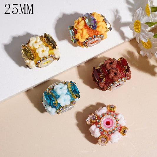 Frosted Star Marquise Cut Rhinestones, White Pearl Trim & Flocked Flowers Handmade Acrylic Bubbles Beads, 25MM, Multicolor, Random Mix