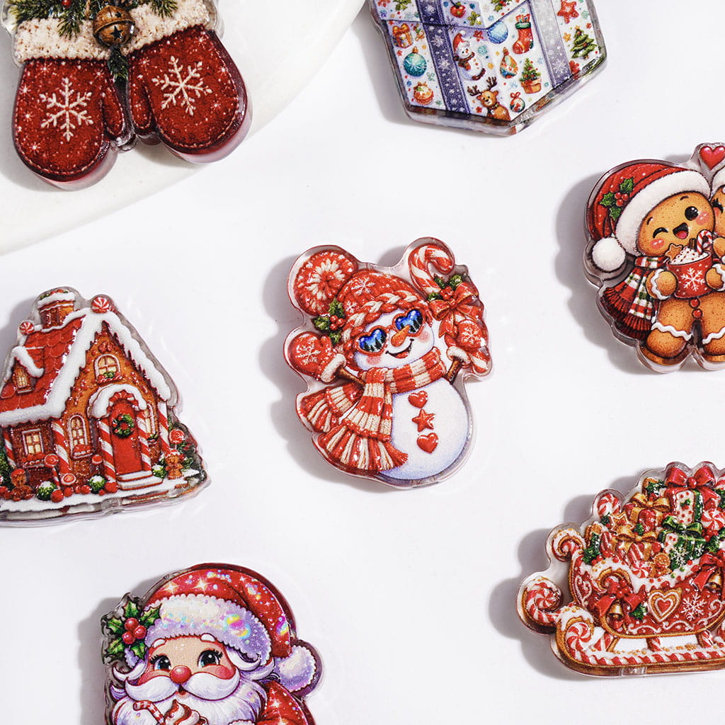 Semi-Clear Merry Christmas Design Acrylic Beads, Santa Claus Gift Box Reindeer Gingerbread House Glove Sleigh Random Mix