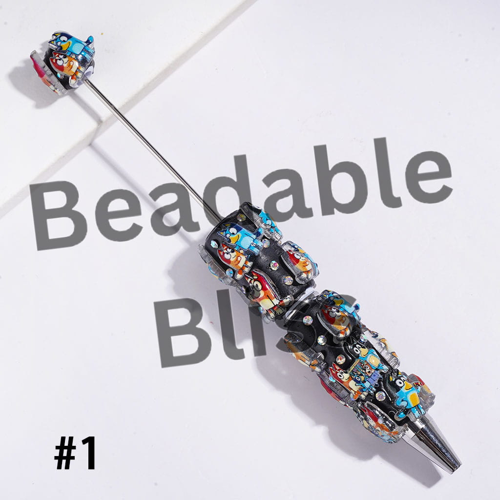 Beadable Clay Pens with Friendly Blue Dog Character in Family Series, AB Rhinestones & White Pearls, Black White