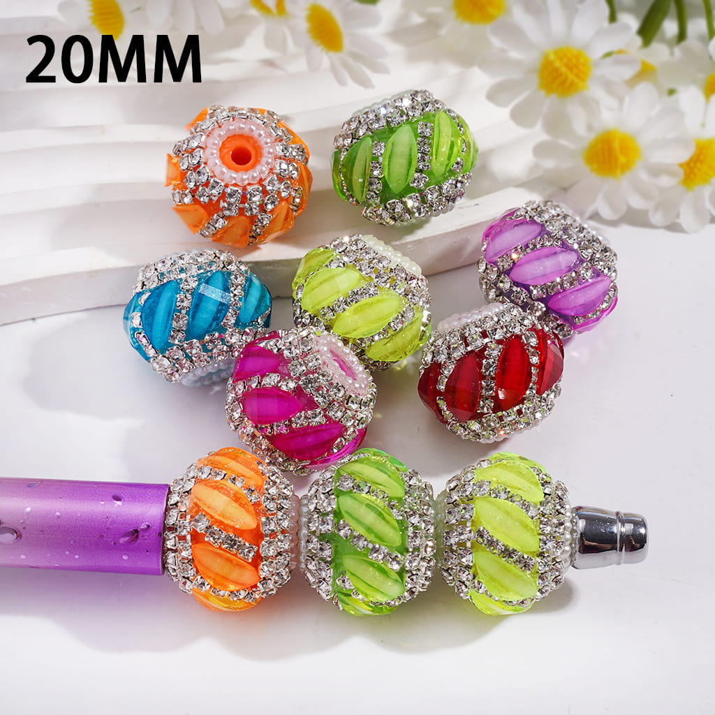 Glow Color Leaf with Clear Rhinestone and White Pearl Round Shape Acrylic Beads 20MM
