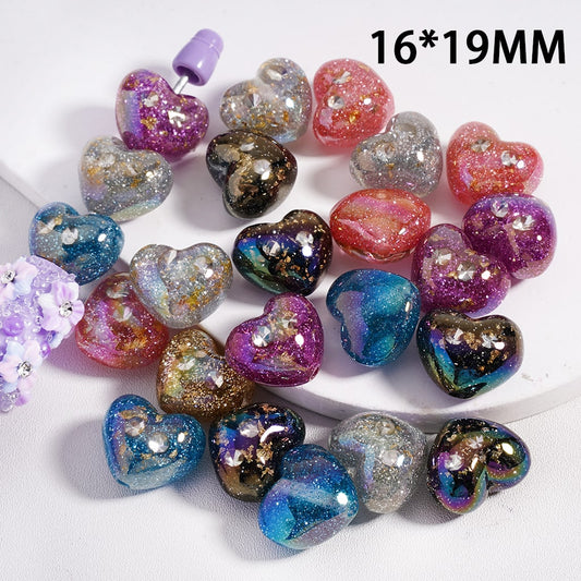 UV Coated Gold Flakes & Rhinestones with Glitter Heart Shape Multi-Color Acrylic Beads 16*19MM, Random Mix
