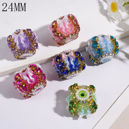 Shiny Glitter Bow & Cone Shaped Clear Rhinestones, with AB Rhinestones, White Pearl Trim & Organza Ribbon Handmade Acrylic Sugar Beads, 24MM, Multicolor, Random Mix
