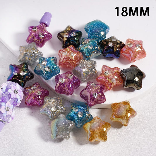 UV Coated Gold Flakes & Rhinestones Cute Mini Glitter Star Shape Multi-Color Acrylic Beads 18MM, Random Mix