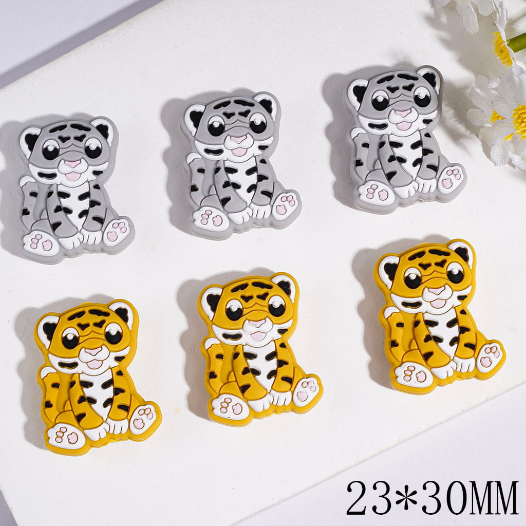 Silicone Focal Beads Tiger Sitting Position and Stick Out Tongue, 23*30MM Multi-Color